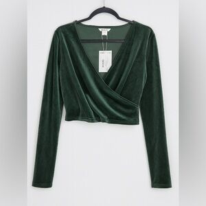 Monkl Blouse Dark Green Wrap Cropped Top size EUR medium long sleeves velour NWT